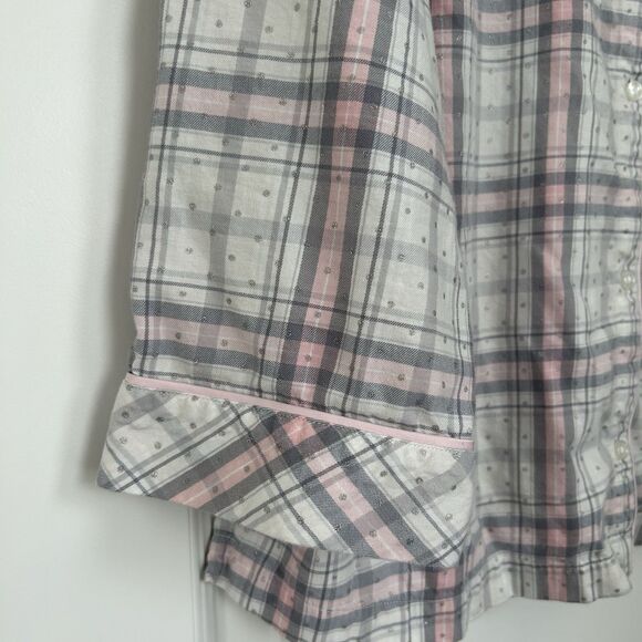 Victorias Secret Pajama Top Flannel Shirt Size L Gray Pink Plaid White Monogram - Picture 5 of 12